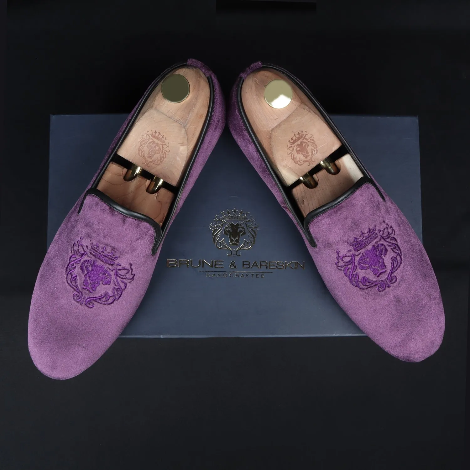 Men's Lion King Embroidery Purple Italian Velvet Slip-On Shoes By Brune & Bareskin