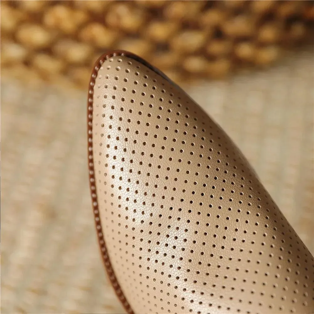 SHY3405 Women's Casual Shoes - Hollow Leather Pumps - Thick Low Heels