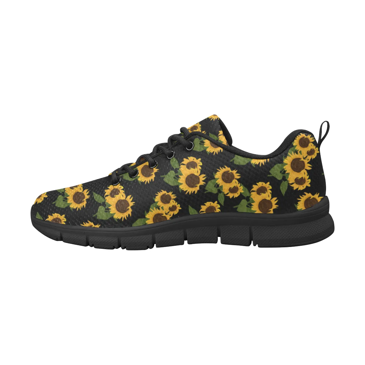 Sunflower Women Sneakers, Black Yellow Floral, Custom Floral Cute Women's Breathable Colorful Vegan Mesh Canvas Athletic Sports Shoes