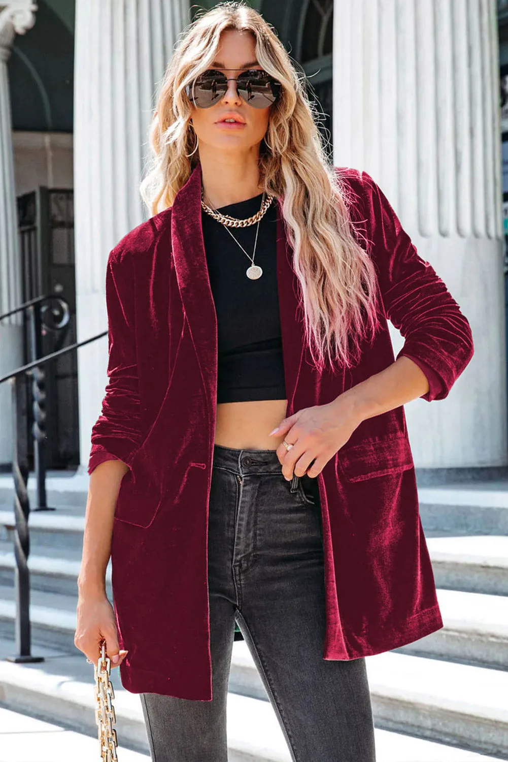 Women's Velvet Blazer Jackets Casual Long Sleeve Lapel Collar Pocketed Blazer Suits Work Outfits